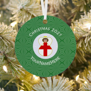Personalised English Angel Christmas Flag Metal Tree Decoration