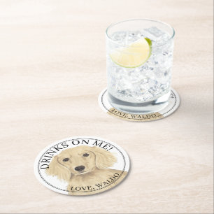 Personalised English Cream Dachshund Dog Wedding Round Paper Coaster