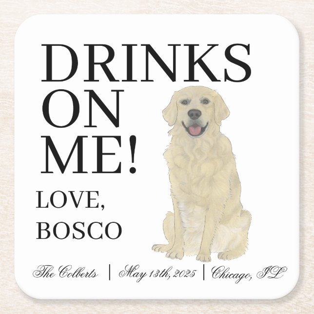 Personalised English Golden Retriever Wedding Square Paper Coaster (Front)