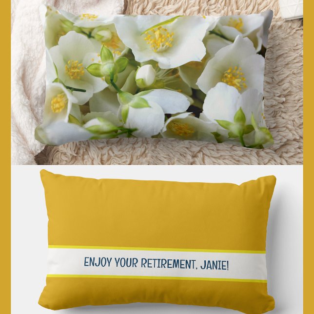 Personalised Enjoy Your Retirement Jasmine Flowers Lumbar Cushion (Elegant, modern personalized name Enjoy Your Retirement pillow. Jasmine flowers photo. Burnt yellow)