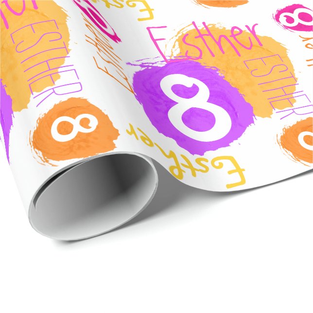 Personalised Esther 8th birthday paint dab wrap Wrapping Paper (Roll Corner)
