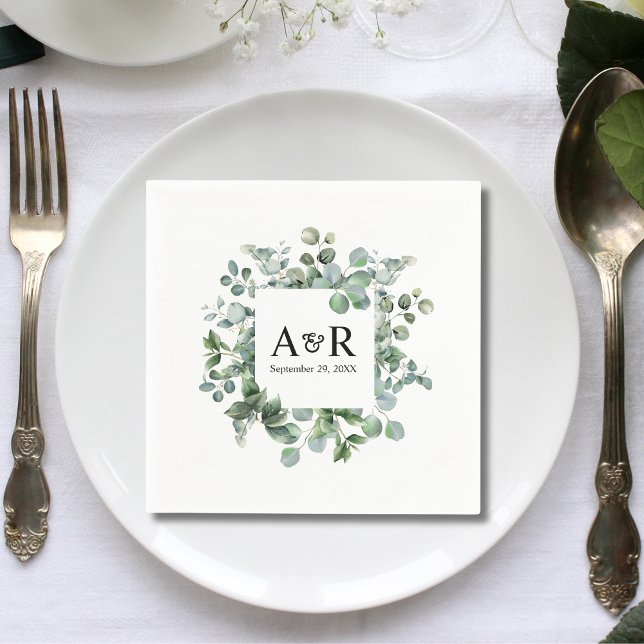 Personalised Eucalyptus Couple Initials Wedding Napkin (Creator Uploaded)