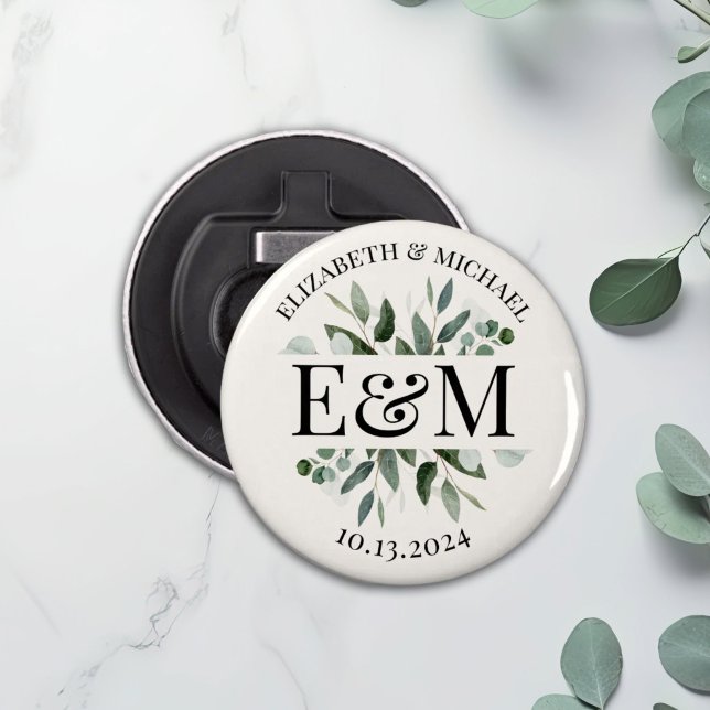 Personalised Eucalyptus Greenery Wedding Button Bottle Opener (Creator Uploaded)