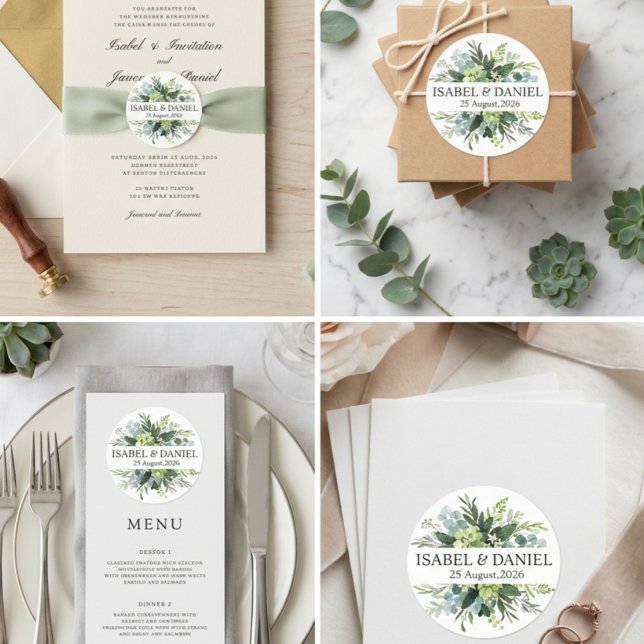 Personalised Eucalyptus Greenery Wedding Classic Round Sticker (Personalized Eucalyptus Greenery Wedding Classic Round Sticker)