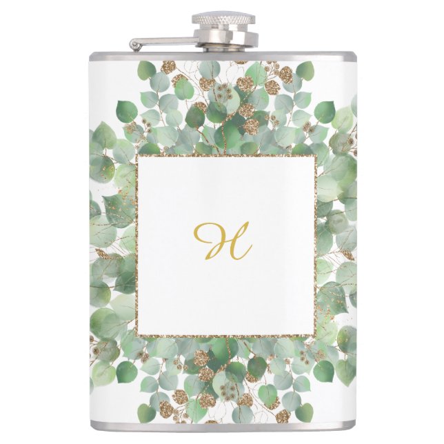 PERSONALISED EUCALYPTUS WHITE GOLD STAINLESS  HIP FLASK (Front)