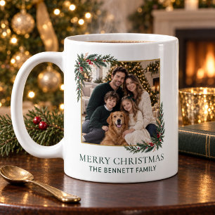 Personalised Evergreen Family Photo Christmas Mug