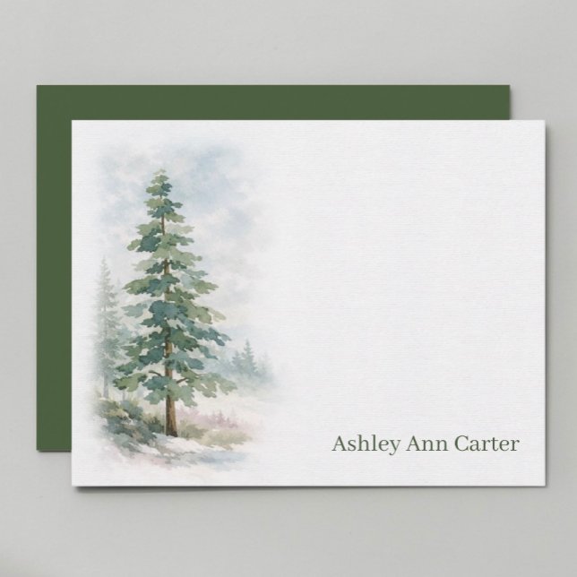 Personalised Evergreen Pine Tree Card (Watercolor pine tree artwork detail on personalized flat note card—rustic woodland stationery)