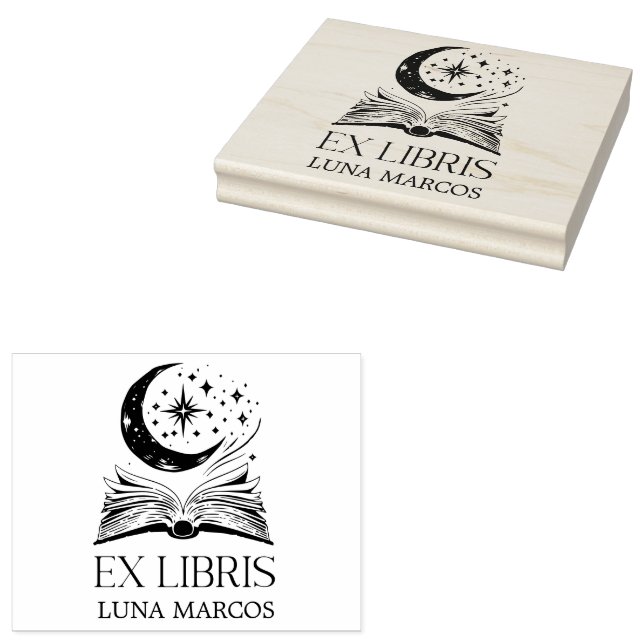 Personalised Ex Libris with a Book and Stars Rubber Stamp (Stamped)