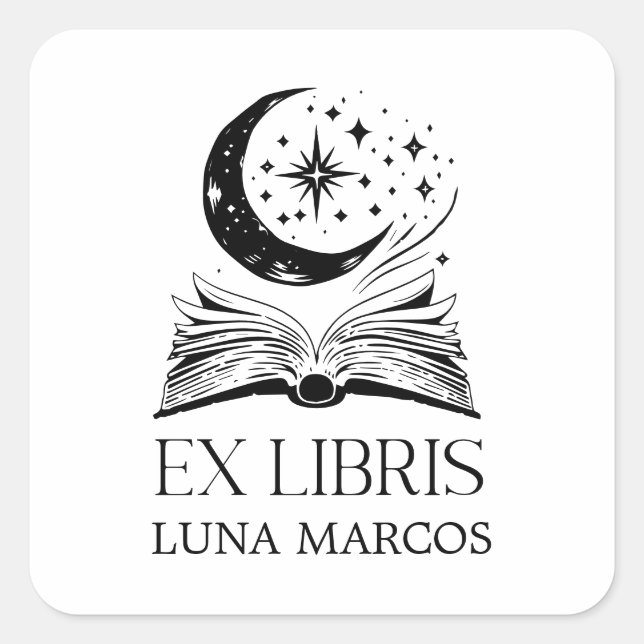 Personalised Ex Libris with a Book and Stars Square Sticker (Front)