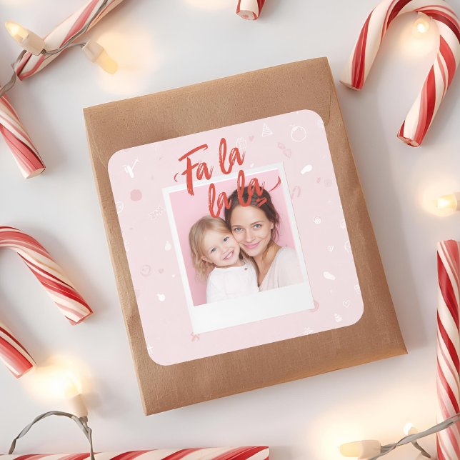 Personalised Fa La La La Pink Christmas Photo Square Sticker (Creator Uploaded)