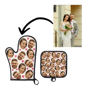 Personalised Face Custom Photo With Heart Couple Oven Mitt & Pot Holder Set