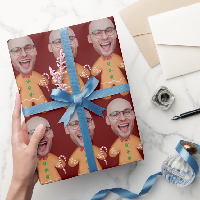 Personalised Face Photo Gingerbread Men Christmas Wrapping Paper (Gifting)