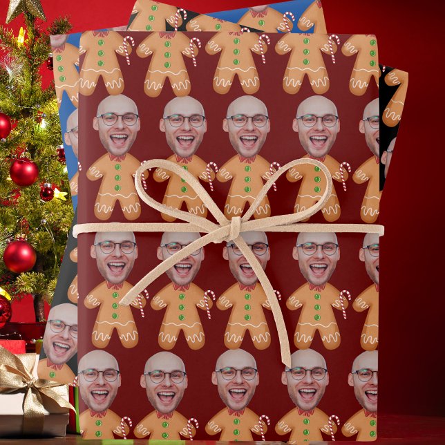 Personalised Face Photo Gingerbread Men Christmas Wrapping Paper Sheet (Creator Uploaded)