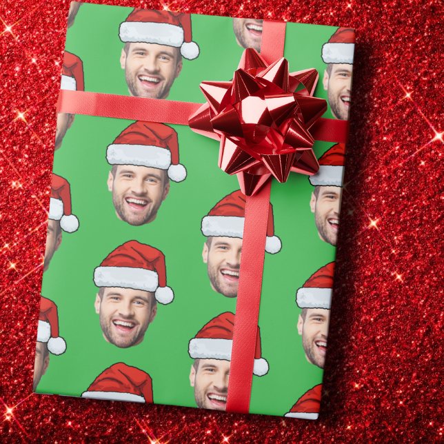 Personalised Face Santa Hat Green Gift Wrap (Creator Uploaded)