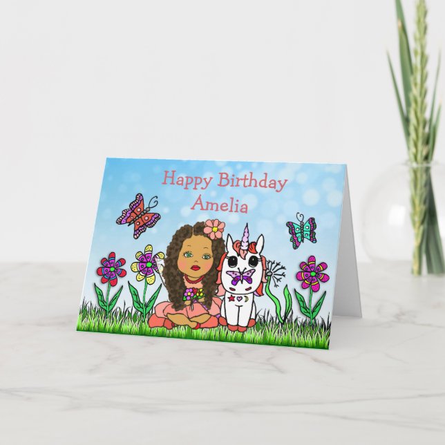 Personalised Fairy and Unicorn  Happy Birthday Card (Front)