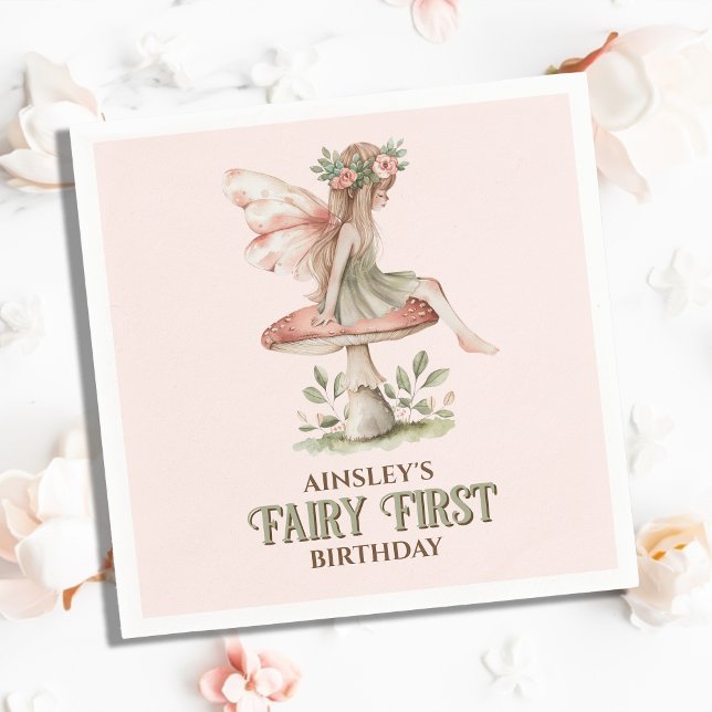 Personalised Fairy First Pink 1st Birthday Party Napkin (Creator Uploaded)