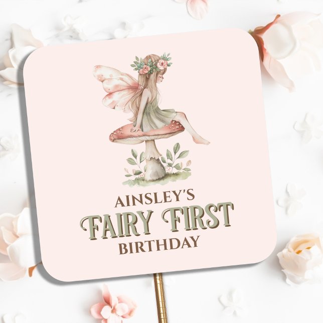 Personalised Fairy First Pink 1st Birthday Party Square Sticker (Creator Uploaded)