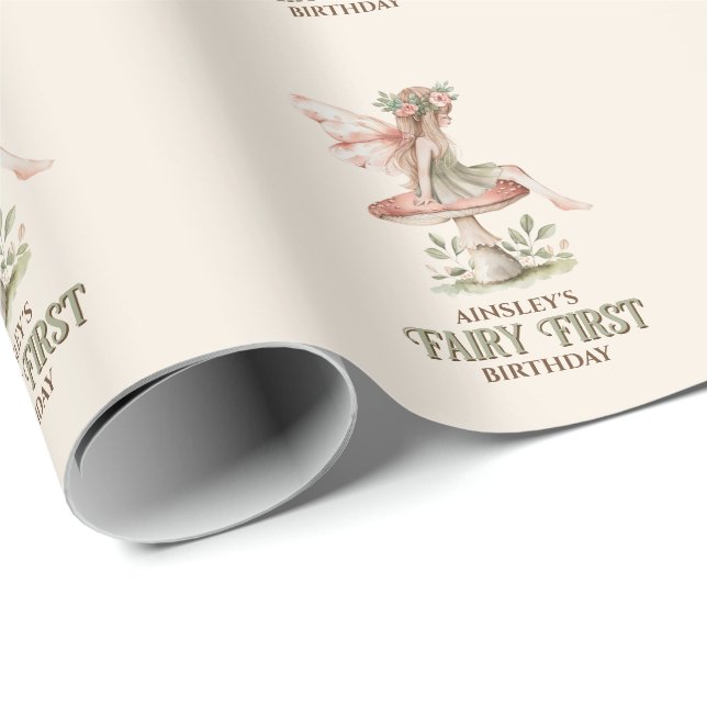 Personalised Fairy First Pink 1st Birthday Party Wrapping Paper (Roll Corner)