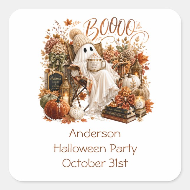 Personalised Fall Autumn Ghost Halloween Party Square Sticker (Front)