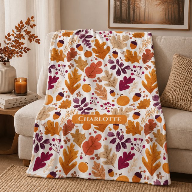 Personalised Fall – Autumn Leaves & Acorns Name Fleece Blanket (Creator Uploaded)
