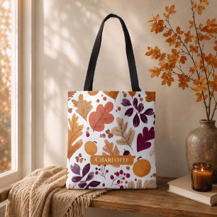 Personalised Fall – Autumn Leaves & Acorns Name Tote Bag