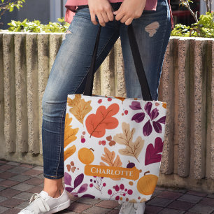 Personalised Fall – Autumn Leaves & Acorns Name Tote Bag