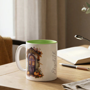 Personalised Fall Cottage Door Pumpkin Decor Two-Tone Coffee Mug