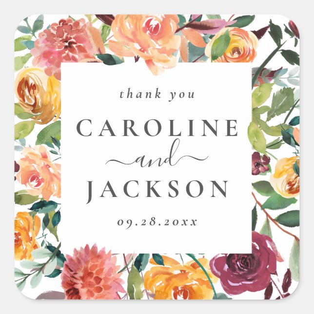 Personalised Fall Floral Thank You Favour Square Sticker (Front)