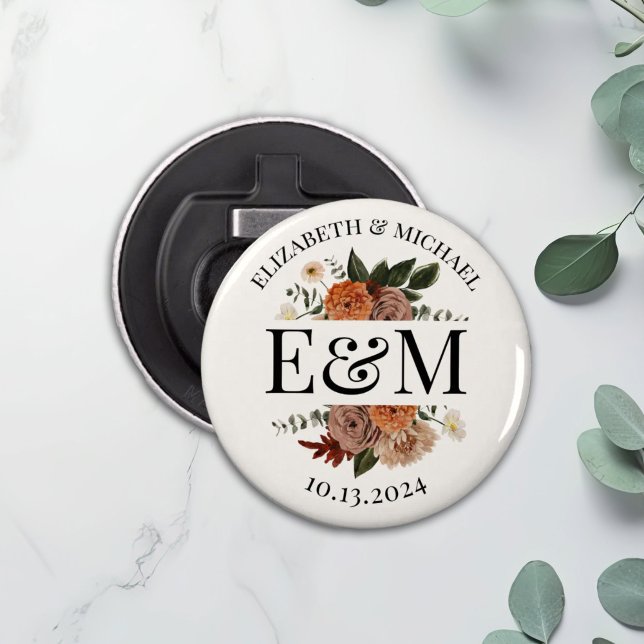 Personalised Fall Floral Wedding Favour Button Bottle Opener (Creator Uploaded)