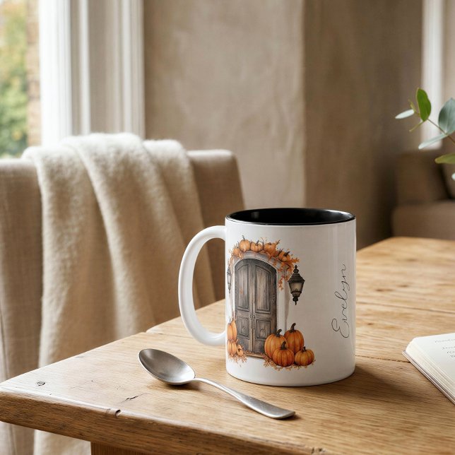 Personalised Fall Front Door Pumpkin Decor Two-Tone Coffee Mug (Creator Uploaded)