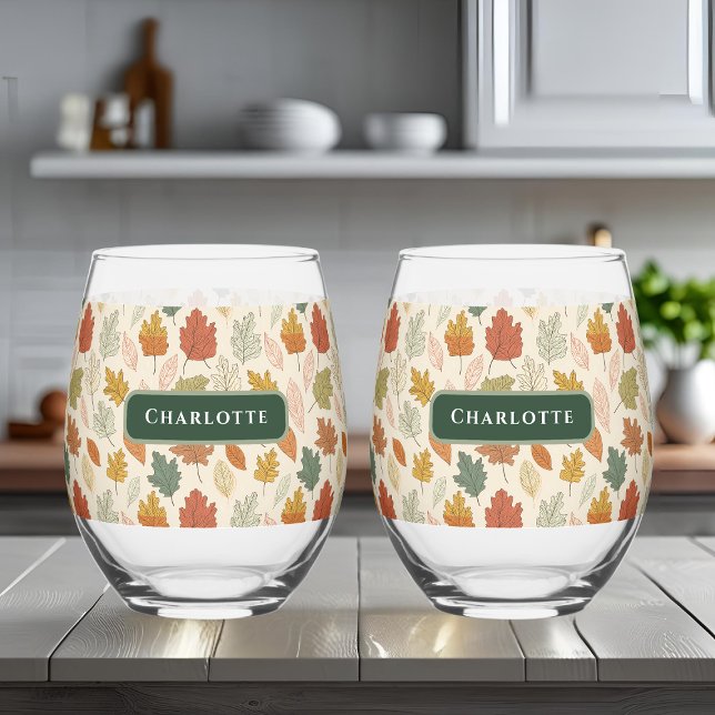 Personalised Fall Leaves – Cosy Autumn Custom Stemless Wine Glass (Creator Uploaded)