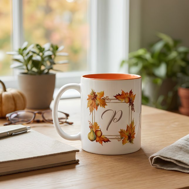 Personalised Fall Leaves Monogram Two-Tone Coffee Mug (Creator Uploaded)