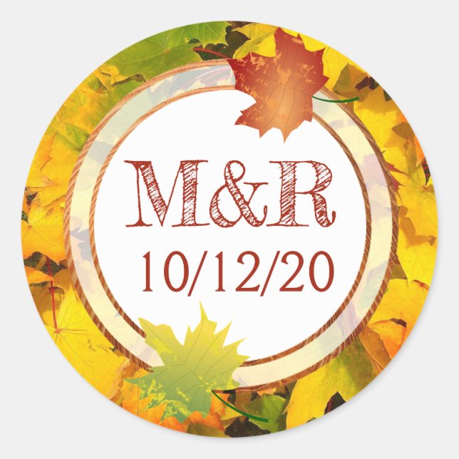 Personalised Fall Leaves Monogram Wedding Stickers (Front)