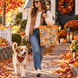 Personalised Fall Patchwork Pup Pumpkin All Over Tote Bag