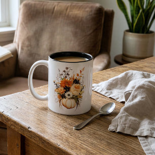 Personalised Fall Pumpkin Floral Bouquet Two-Tone Coffee Mug