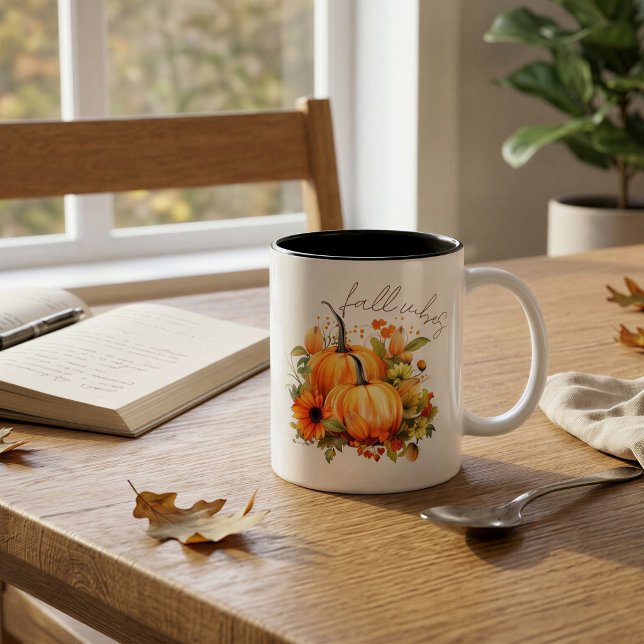 Personalised Fall Vibes Pumpkin Floral Name Two-Tone Coffee Mug (Creator Uploaded)