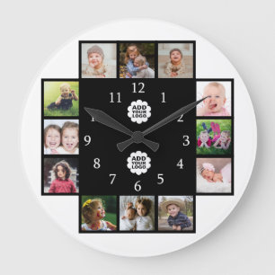 Personalised Family 12 Photo Collage 2 Logo Black Large Clock