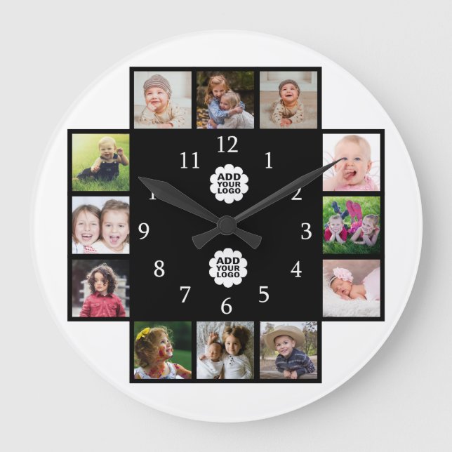 Personalised Family 12 Photo Collage 2 Logo Black  Large Clock (Front)