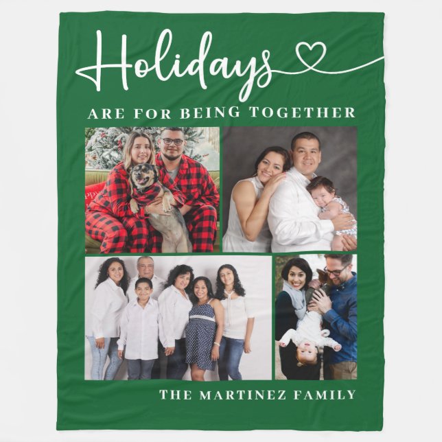 Personalised Family 4 Photo Collage Holiday Fleece Blanket (Front)
