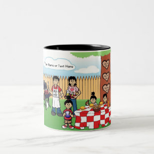 Personalised Family BBQ, 1 Boy, 2 Girls Cartoon Two-Tone Coffee Mug