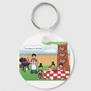 Personalised Family BBQ, Single Dad, 1 Boy Cartoon Key Ring