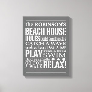 Personalised Family Beach House Rules Grey White Canvas Print