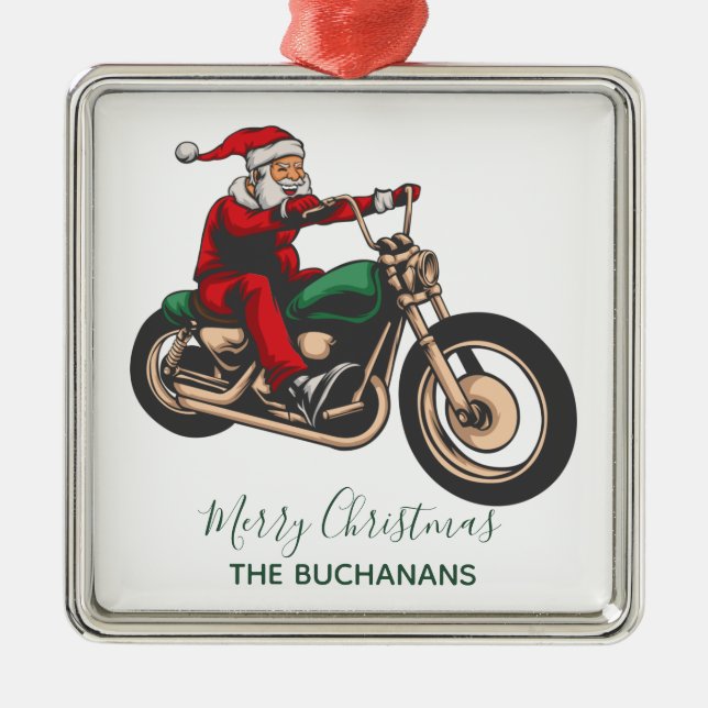 Personalised Family Biker Santa Christmas Metal Ornament (Front)