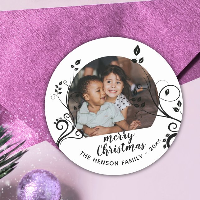 Personalised Family Black Foliage Christmas Photo  Classic Round Sticker (Creator Uploaded)
