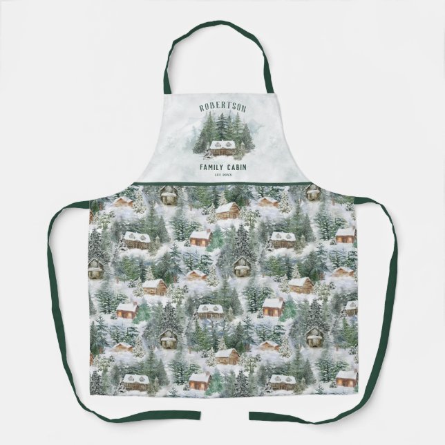Personalised Family Cabin Winter Pine Forest Apron (Front)