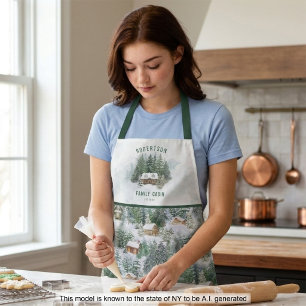 Personalised Family Cabin Winter Pine Forest Apron
