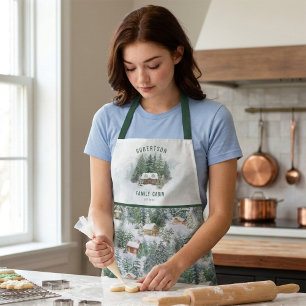 Personalised Family Cabin Winter Pine Forest Apron