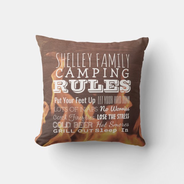 Personalised Family Camping Rules Rustic Outdoor Cushion (Front)