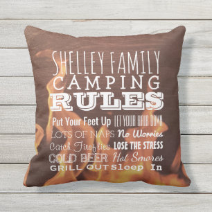 Personalised Family Camping Rules Rustic Outdoor Cushion