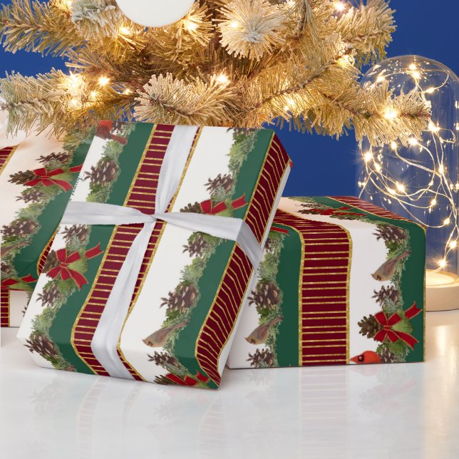 Personalised Family Christmas Cardinal Pine Cone Wrapping Paper (Holidays)